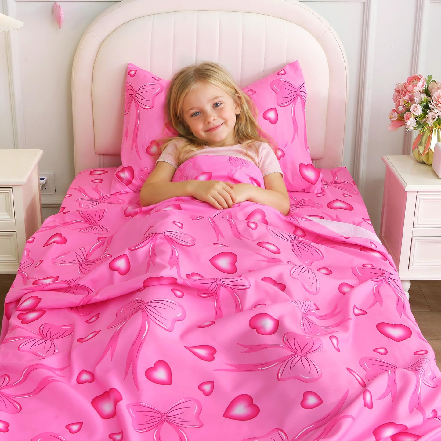 Softan Kids Twin Sheets Set, 3 Piece Heart Bow Bedding Set for Girls, Soft Breathable Microfiber with 15" Deep Pocket, Fitted Flat Sheet & Pillowcase