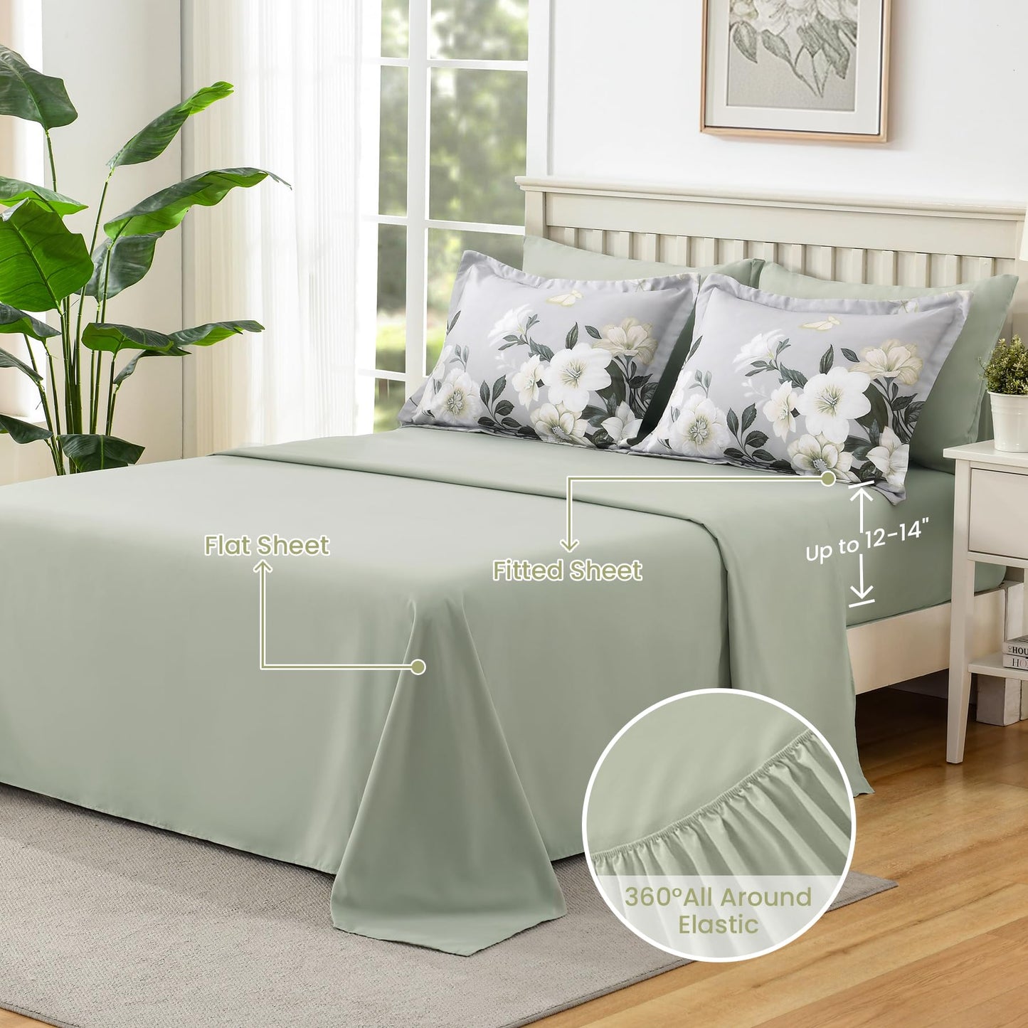 DHSFKBE Floral Comforter Set Queen Size,7 Piece Sage Green Bed in a Bag, Elegant Flower Pattern Comforter Set with Sheet, Soft Microfiber Complete Bedding Sets for All Season