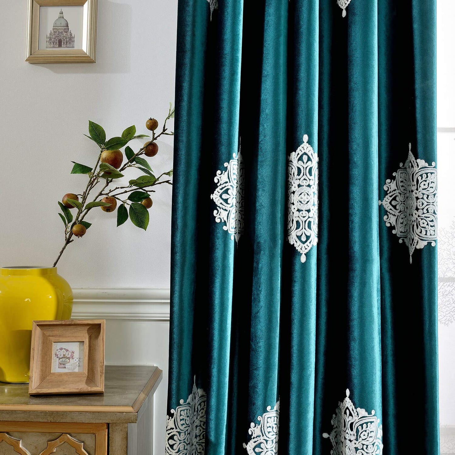 VOGOL 2 Panels Blackout Curtains for Living Room, White Flowers Embroidered Room Darkening Window Drapes for Bedroom, 52x84, Dark Green