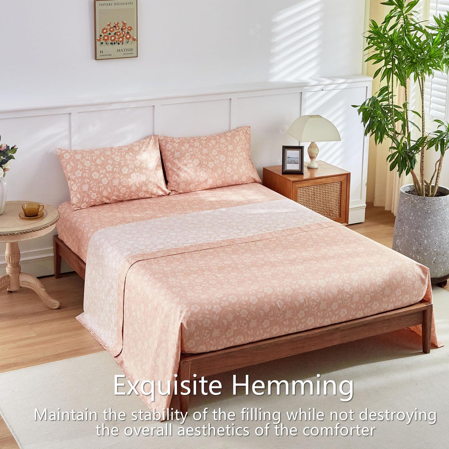 AIKASY 7 Piece Floral Comforter Set King Size - Soft Microfiber Bed in a Bag with Sheet Set for All Seasons - Green Flower Botanical Design - Reversible Bedding Set