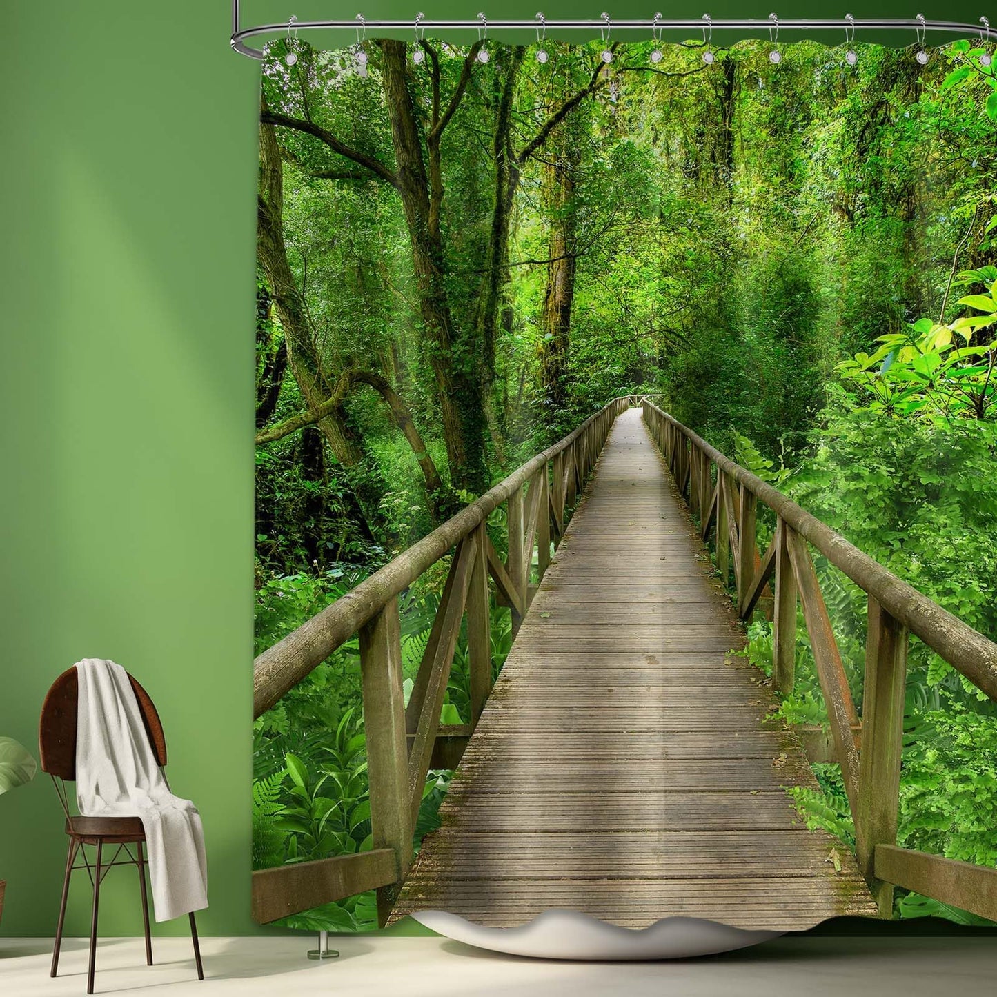 Pdvbiee Forest Wooden Bridge Shower Curtain, 70 X 72 Inch