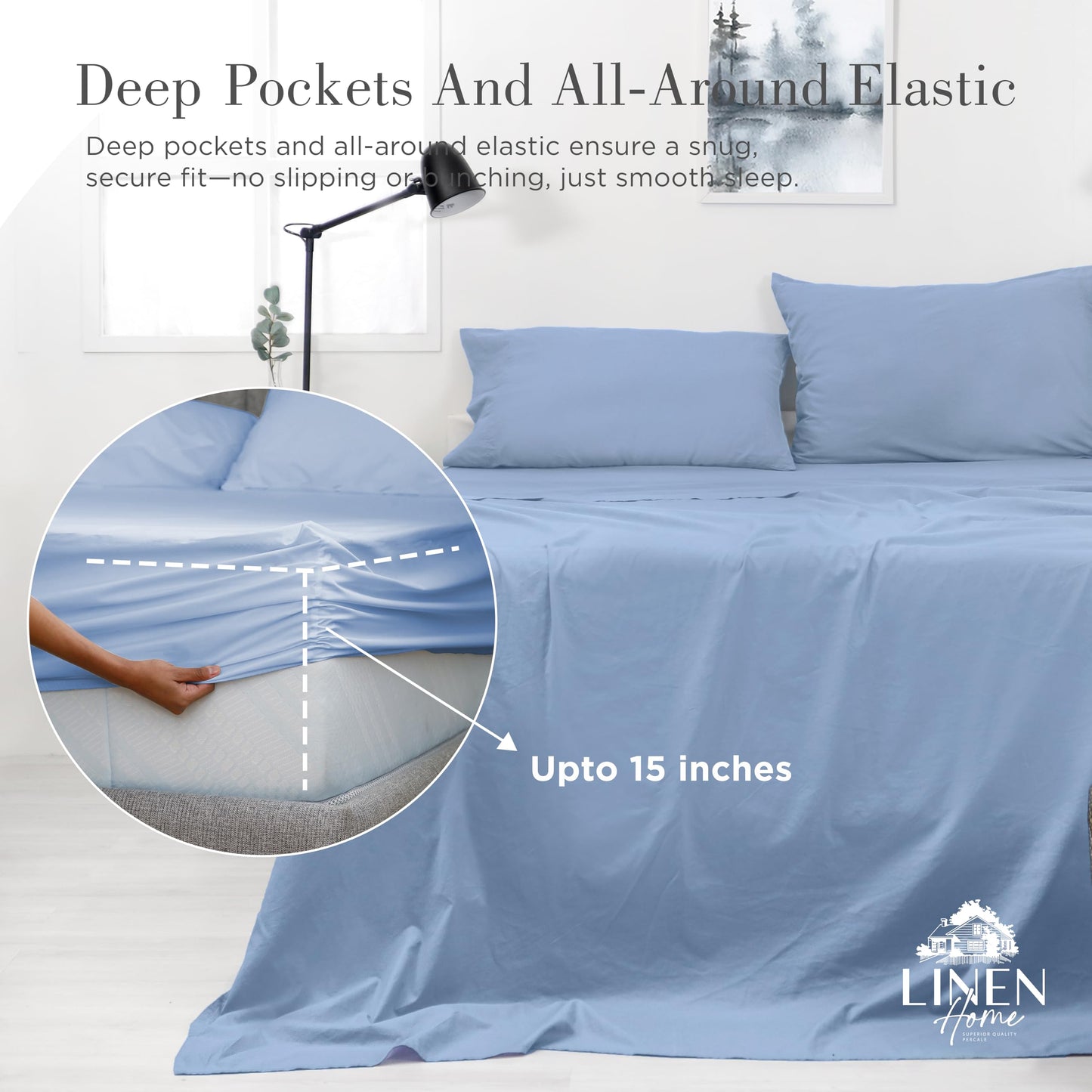Linen Home Washed Cotton Percale Fitted Sheet Queen Size, ICY Blue, 1 Deep Pocket Fitted Sheet, Soft and Cool Strong Bed Linen, 60"X80"+14"