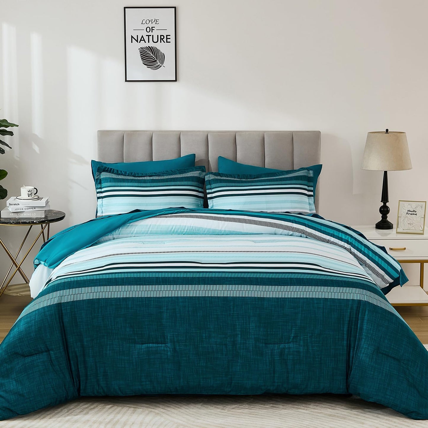 Dobuyly Teal Queen Comforter Set 7 Pieces, Blue Boho Striped Bed in a Bag Queen Size Soft Microfiber All Season Bedding Set with Comforter, Sheets, Pillowcases & Shams