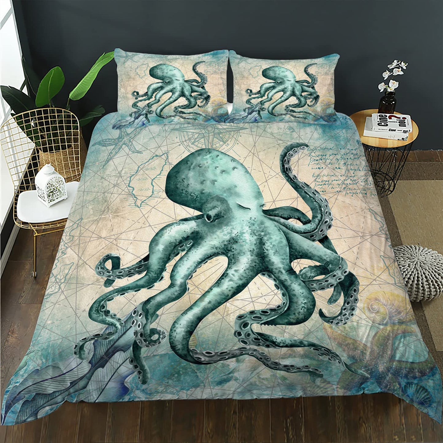 CVHOUSE Octopus Duvet Cover Queen Size,Sea Animal Mediterranean Style Design Bedding Set,Ocean Comforter for Kids Teens,1 2 Pillowcases 3 Piece Queen 89'x89'