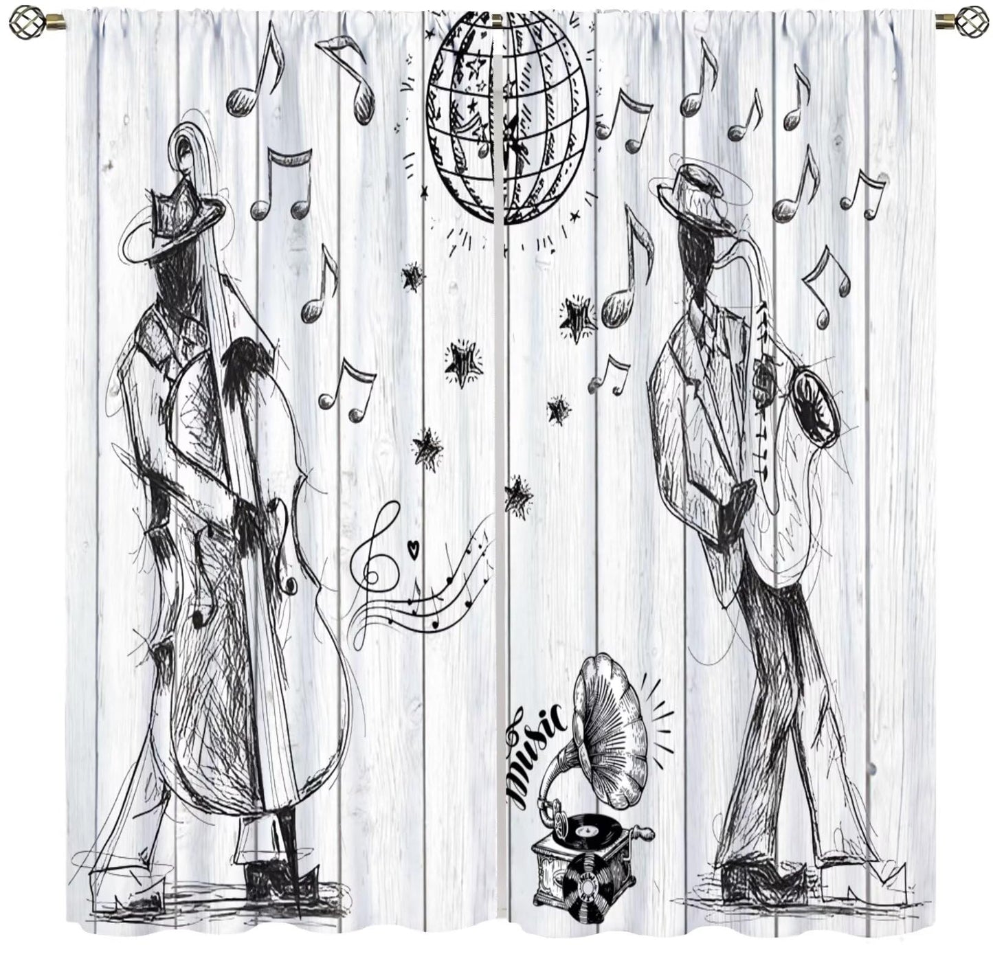 PHTAYOT Retro Music Curtains Sketch Style of a Jazz Band Playing Music with Instruments and Musical Notes Pattern Decor Drapes for Bedroom Living Room,2 Panels Set,21x45Inch