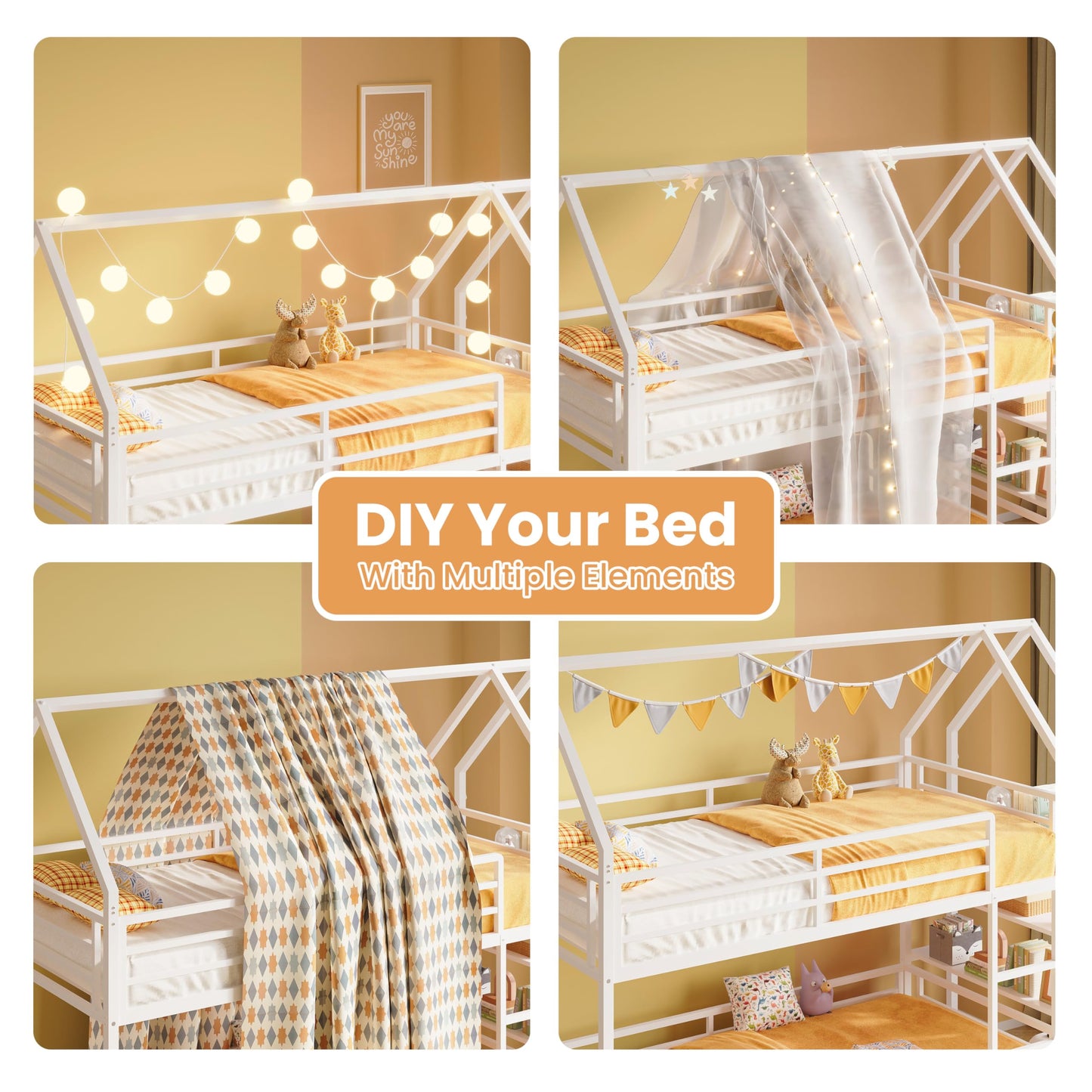 LIKIMIO Bunk Bed, Twin Bunk Beds with 3-Tier Storage Bookshelf, Bunk Bed Twin Over Twin, Metal House Bed Ladder and Safety Guardrail for Bedroom, Space Saving, No Box Spring Needed, White