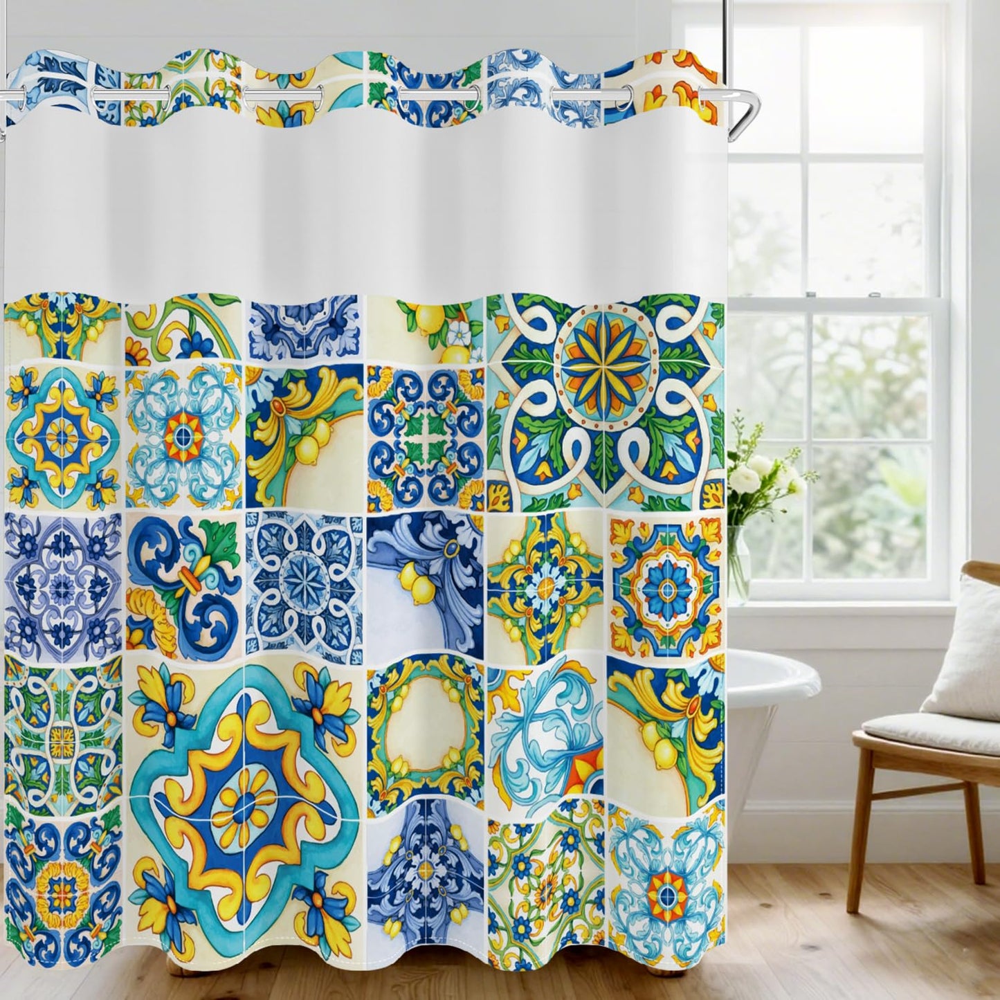 No Hook Shower Curtain with Snap in Fabric Liner Set, Waterproof & Washable, Boho Mediterranean Blue Yellow Lemon Floral Shower Curtains for Bathroom, Colorful Bathroom Curtain, House Gift, 71x74 inch