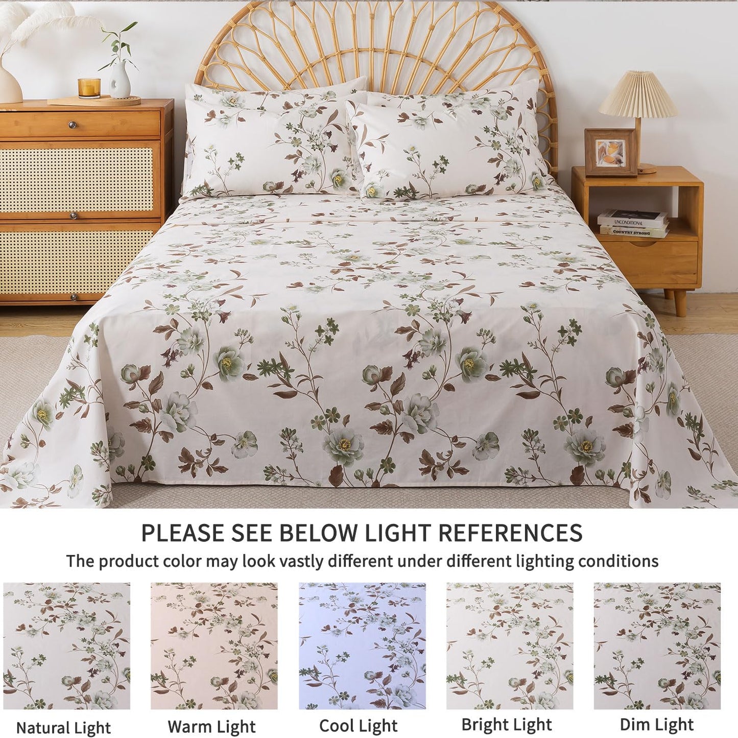 FADFAY Twin Sheets Set Percale Cotton Floral Bed Sheets Deep Pocket Fitted Sheet, Luxury Green Rose Floral Printed Shabby Bedding for All Season, Super Soft Crisp & Cool,4pcs