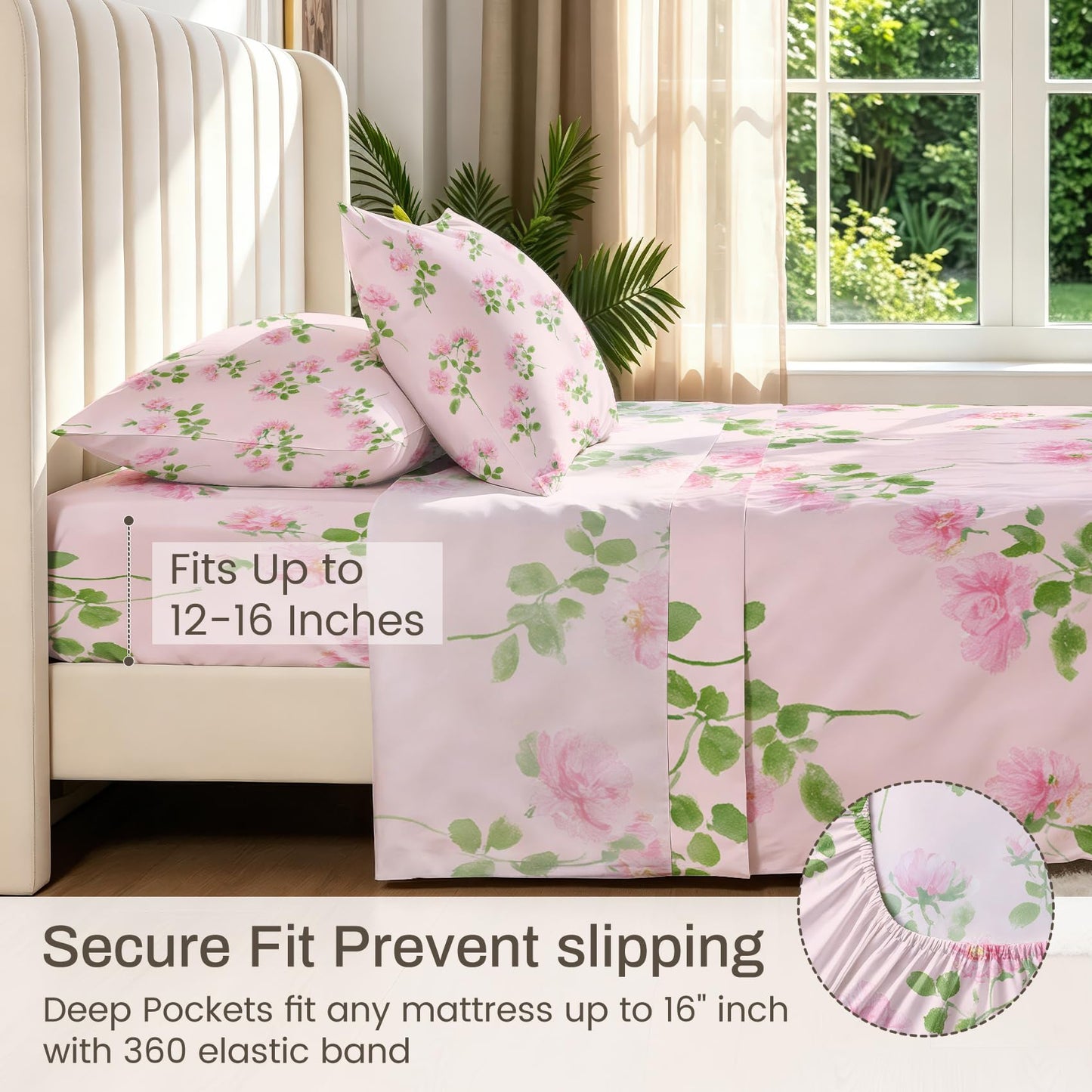 Pink Flower California King Sheet Set Botanical Flat Fitted Sheet Sets