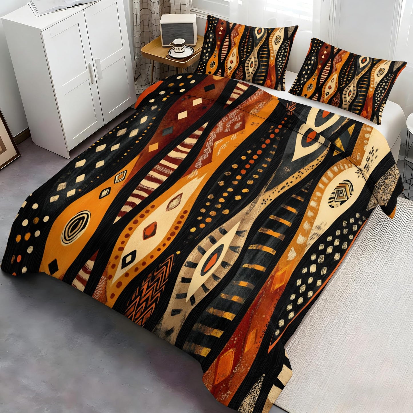 GKPLY Tribal Geometric Bedding Duvet Cover, Ethnic Abstract Comforter Set with Zipper, Boho African Duvet Cover Twin, 3 Pieces with 2 Pillowcases, Reversible Earth Tone Bedding