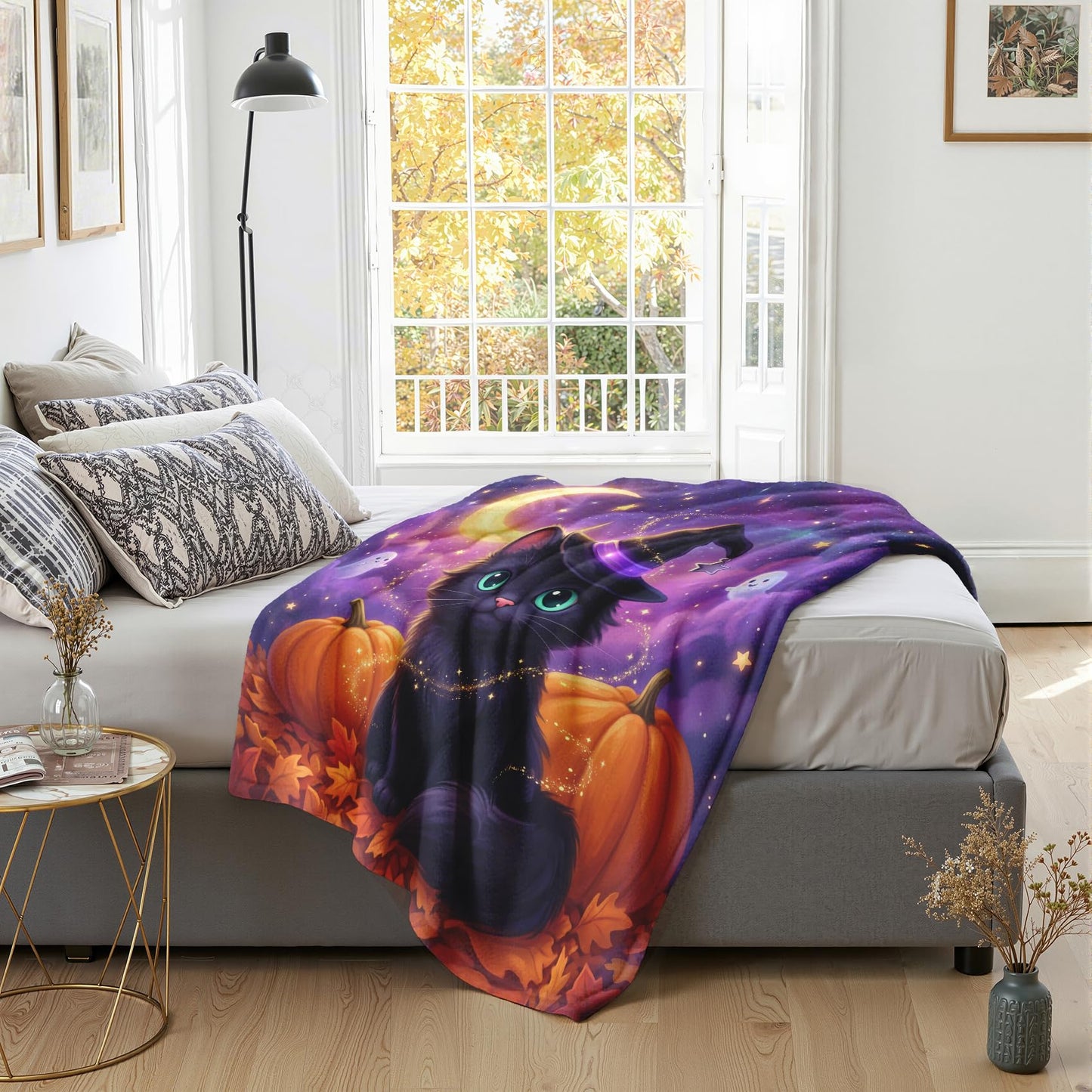 GEDAEUBA Halloween Blankets - Witchy Black Cat Pumpkin Ghost Fleece Blanket Throw, Soft Cozy Blankets & Throws for Couch, Bed, and Sofa, 50x60 inches