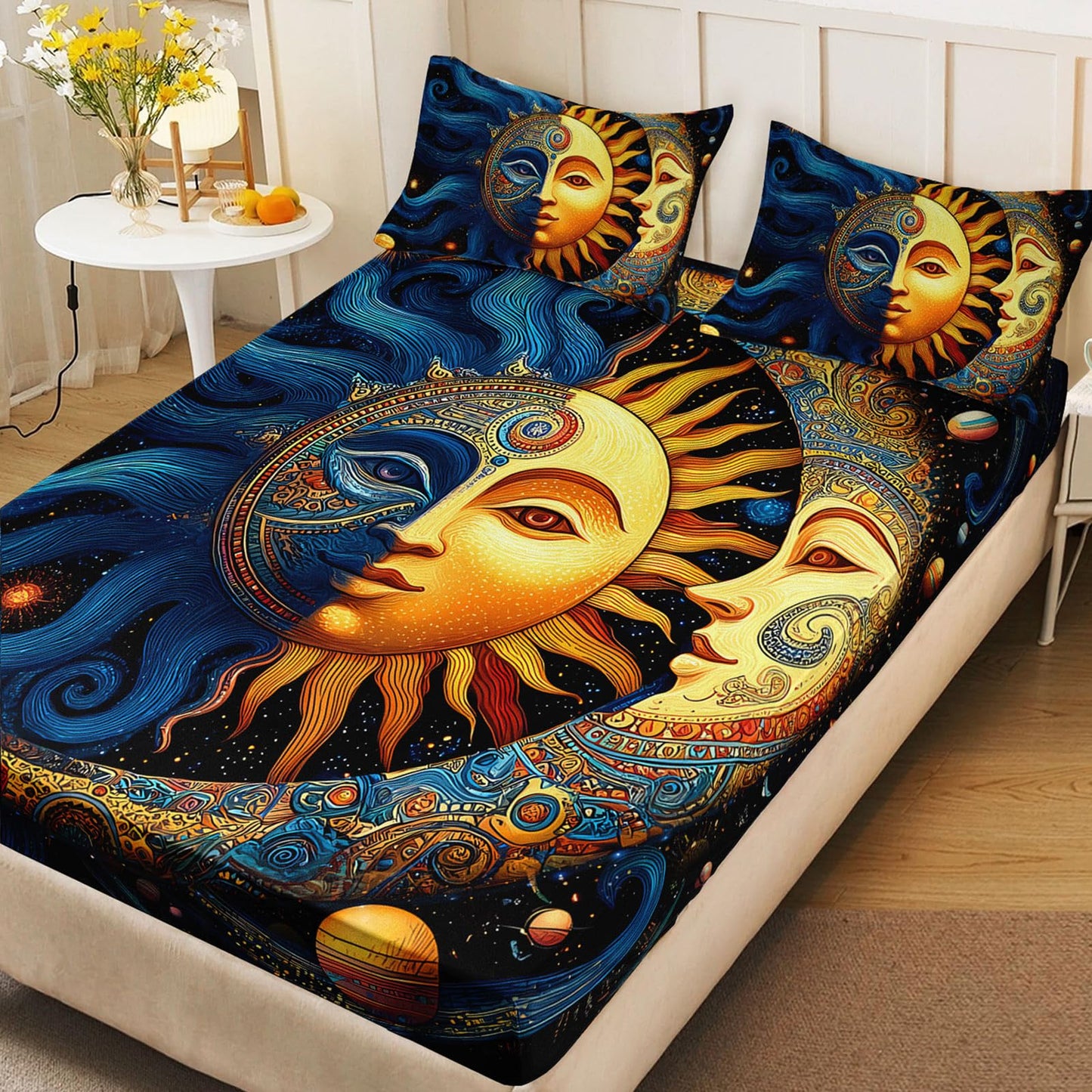 AILONEN Boho Sun and Moon Sheet Set,Celestial Galaxy Starry Space Kids Bedding Twin XL Size, All-Season Soft Microfiber Mandala Exotic Black Bed Sheets,3-Piece,1 Fitted Sheet + 1 Pillow Case