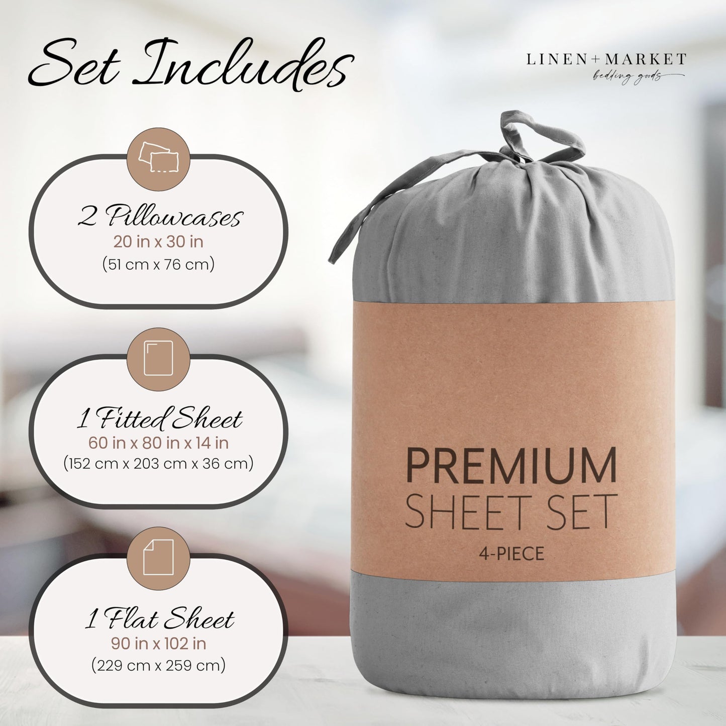 Linen Market Brushed Microfiber Queen Sheet Set 4 Piece – Oeko-TEX Certified Ultra Soft & Wrinkle-Free - 16" Deep Pocket Sheets - Easy Care Queen Size - Light Gray