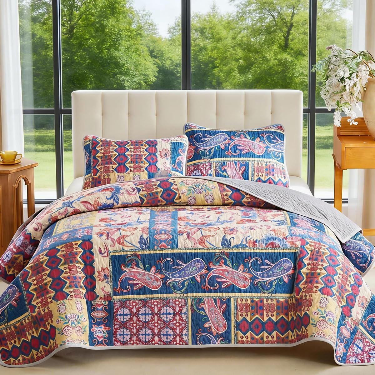 Floral Boho Quilts King Size Bedding Set Purple 3 Pieces Farmhouse Botanical Summer Bedspreads with 2 Shams Soft Reversible Lightweight Breathable Coverlet Set for All Season (Purple Boho, King)