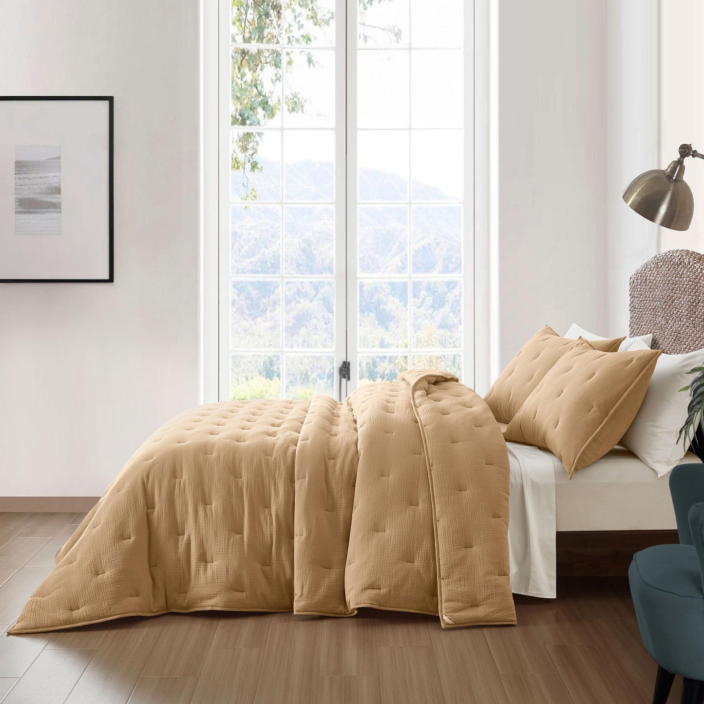 COZYXWORLD Pre-Washed 100% Cotton Muslin Gauze Comforter Set, 3 Piece Full/Queen Quilt Set, Duvet Insert with Corner Loops, 1" Line Quilted, Dune Beige