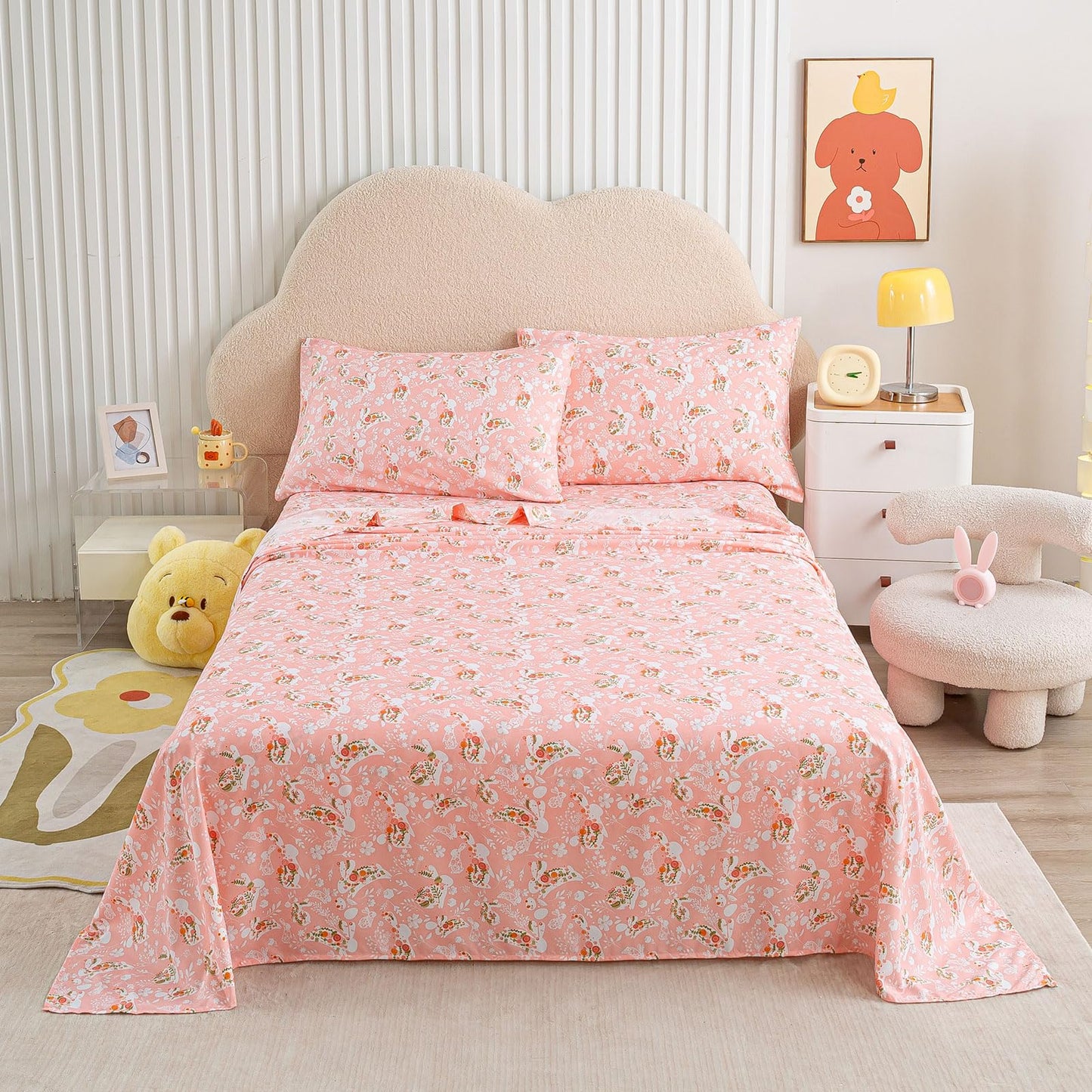 LONAVA Twin Sheet Set Kids - Pink Bunnie 3 Pieces Soft Cute Microfiber Bed Sheet for Boy Girls Teens, Oeko Texted Breathable Cooling Fabric & Deep Pocket Full Elastic Sheets