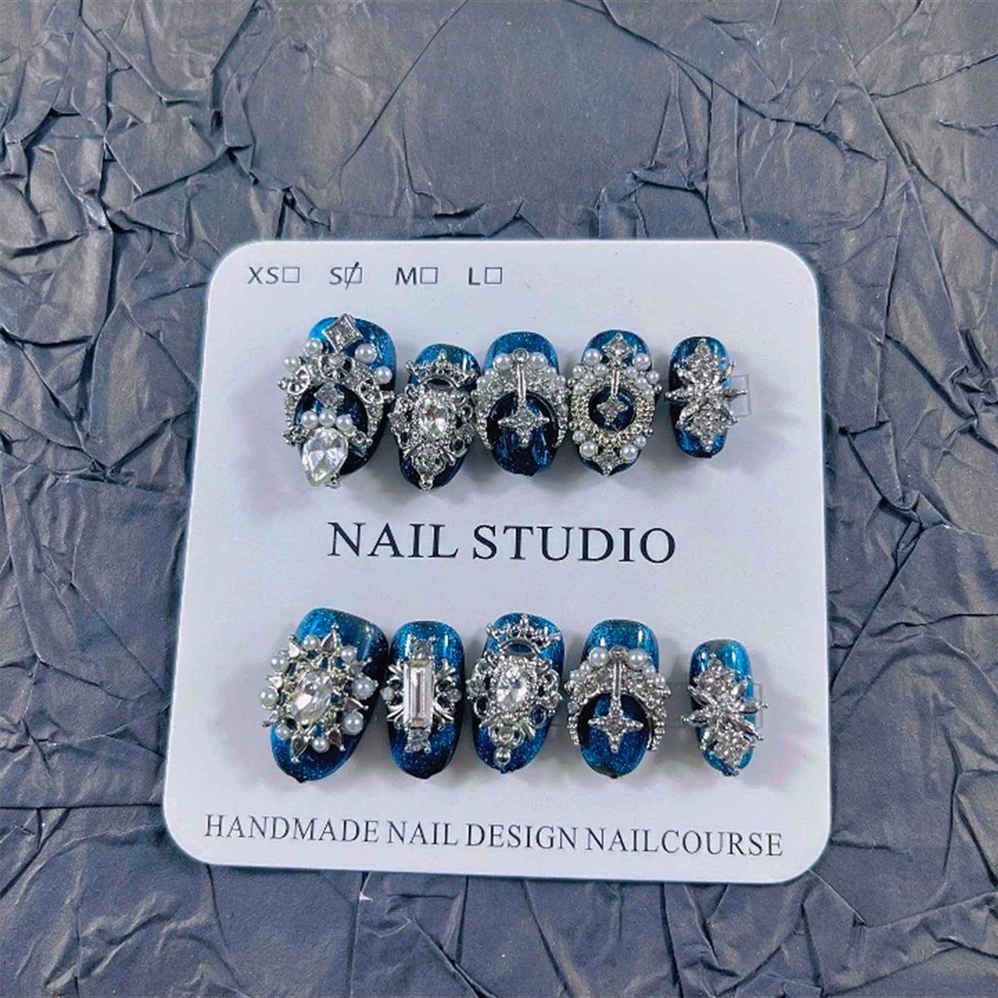 Short Press on Nails Handmade Nails 10Pcs Palace Style Blue Cat Eye Nail Art Manual Press on Nails for Women Party Holiday Photo 18mm Long Size S