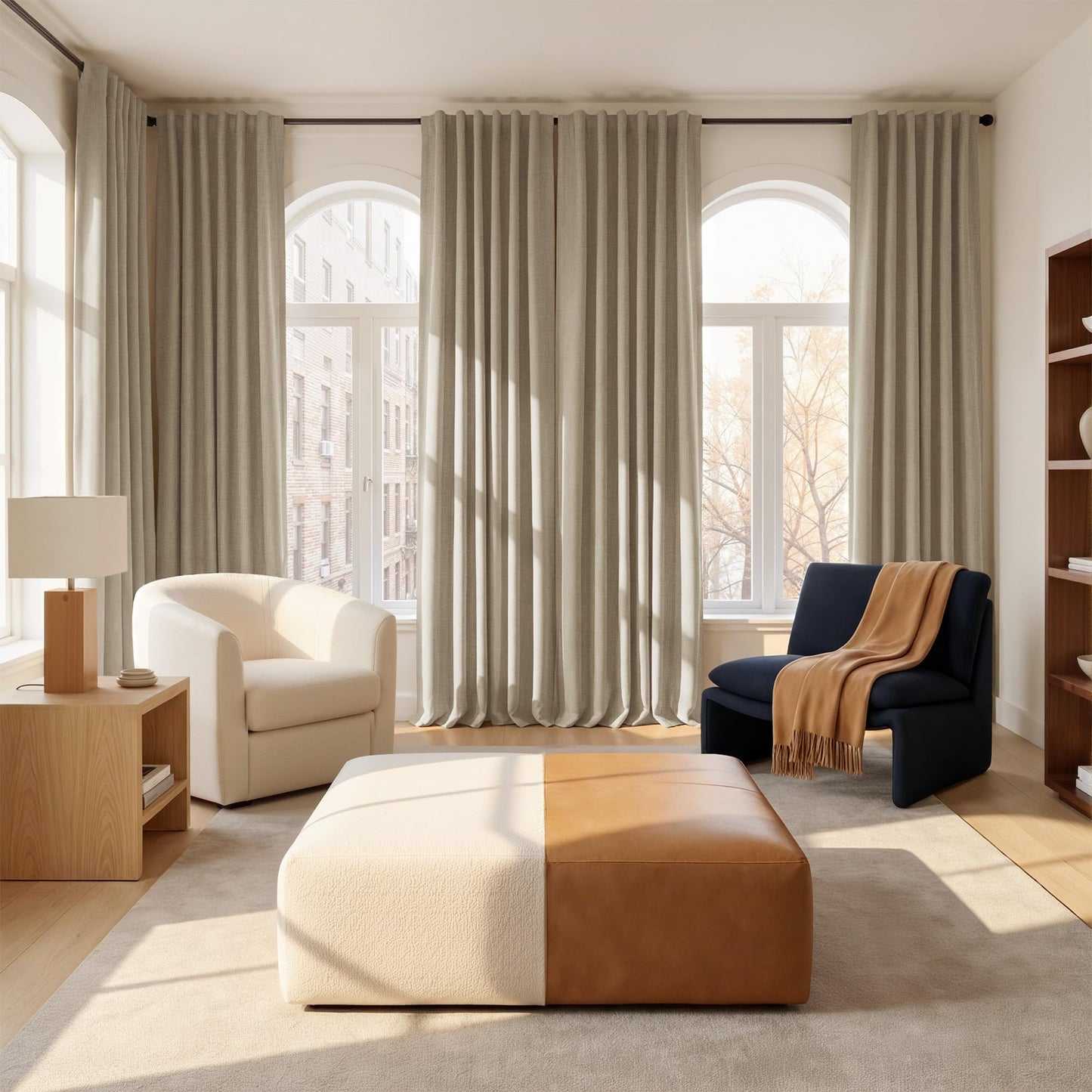 NICETOWN Scratch-Proof 100% Blackout Beige Curtains for Living Room, High-Density Linen Blend Window Treatments Rod Pocket & Back Tab Thermal Drapes for Nightshift, W52 x L84, 2 Panels
