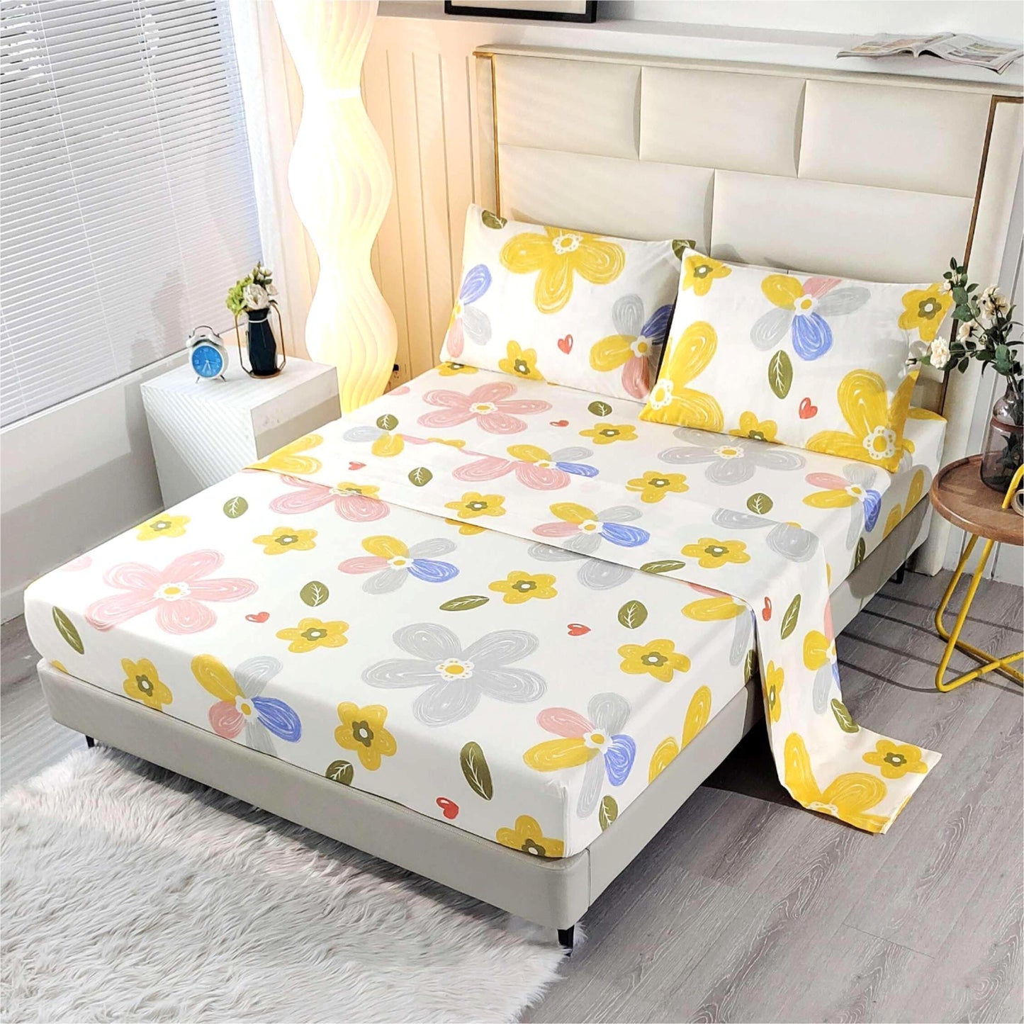 SDIII 4 Pieces Yellow Floral Twin Bed Sheet Set, Soft Microfiber Twin Sheets Flower Printed Deep Pocket, Floral Cozy Bedroom Decor All Season