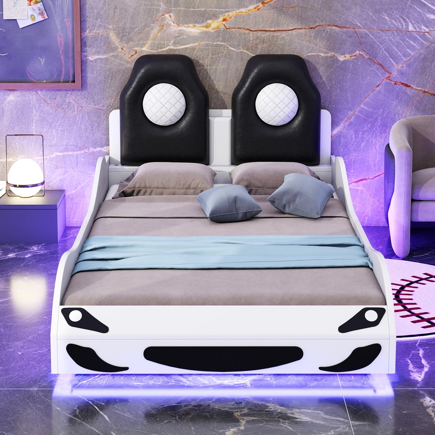 Bellemave Wood Twin Size Race Car-Shaped Platform Bed with LED and Upholstered Backrest, Platform Bed Frame with Race Car-Shaped and Safety Guardrails for Boys, Girls (White)