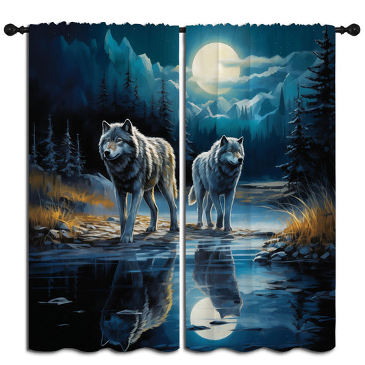 LHROOMJK Wolf Rod Pocket Blackout Curtains for Boy Girl Bedroom, Wildlife Abstract and Starry Night Sky Forest Home Energy Efficient Light Filtering Window Curtain for Living Room, 84x63 inch