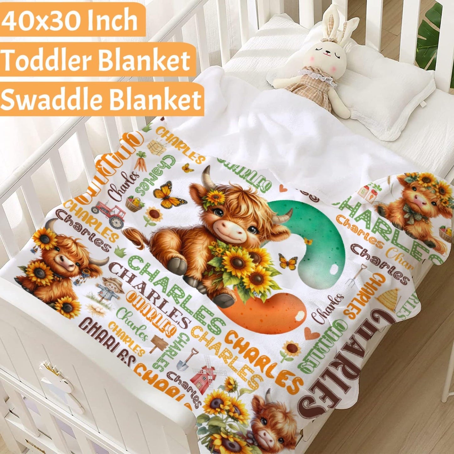Custom Highland Cow Blanket, Personalized Cow Gifts,Soft Flannel Throw for Bed Sofa,Lightweight,40 x 30in