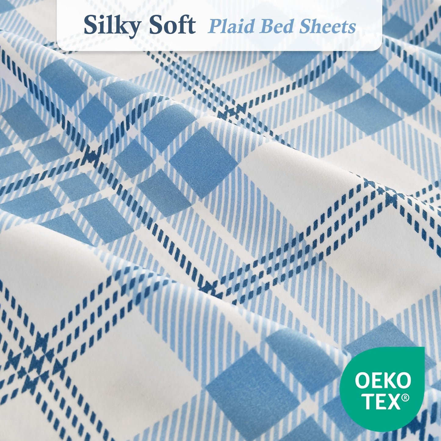 MICORAL Queen Sheet Set Plaid Patten, 4-Piece Printed Bed Sheets, 16" Deep Pocket, Ultra Soft & Cooling Sheet, Oeko-TEX Certified, Plaid Light Blue