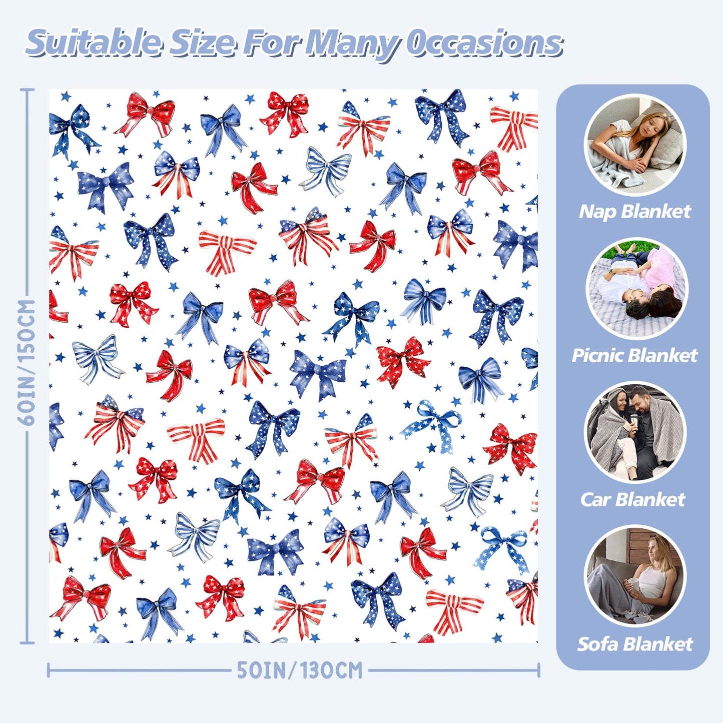 4th of July Throw Blanket American Flag Bows Fleece Flannel for Girls and Women Bows Gifts Soft Cozy Blankets Couch Bed Sofa Preppy Bedroom Cute Bow Decor 60"X50"