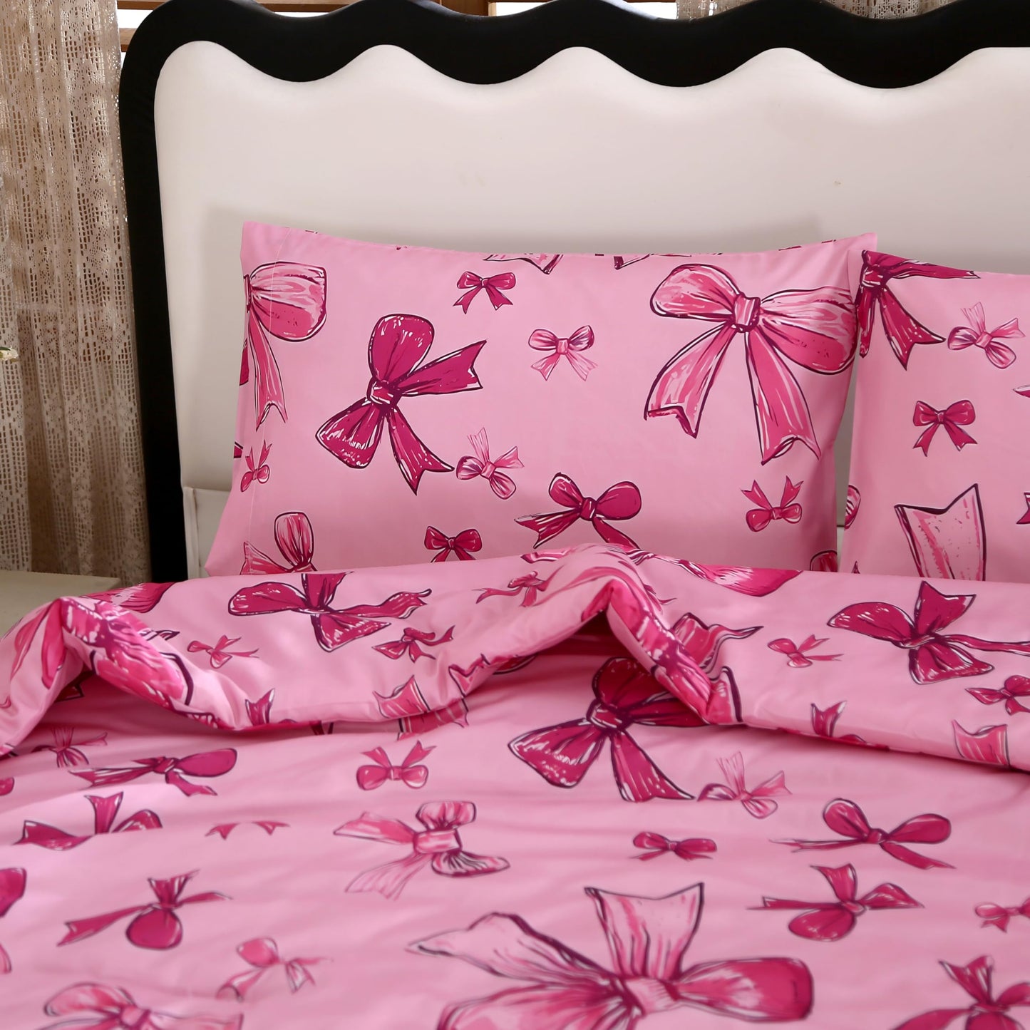 SDIII Pink Bow Comforter Set Twin 3 Pieces, Soft and Breathable Microfiber Lightweight Bows Comforter Twin, Pink Bow Bedding Set for Girls Kids Teens