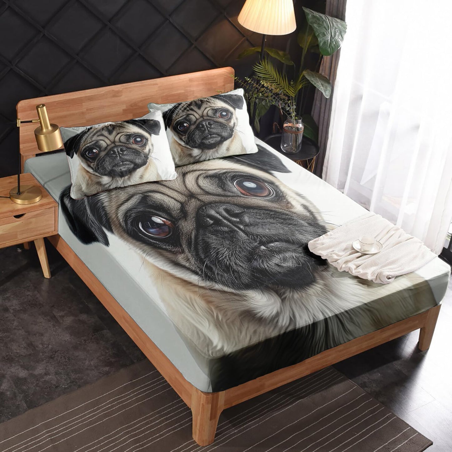 zcsm Pug Sheets Queen Size - Dog Bed Sheets, Soft Microfiber & Deep Pocket & Wrinkle Free Patterned Bedding Sheets & Pillowcases, 4 Piece (1 Fitted Sheet, 1 Flat Sheet, 2 Pillow Cases)