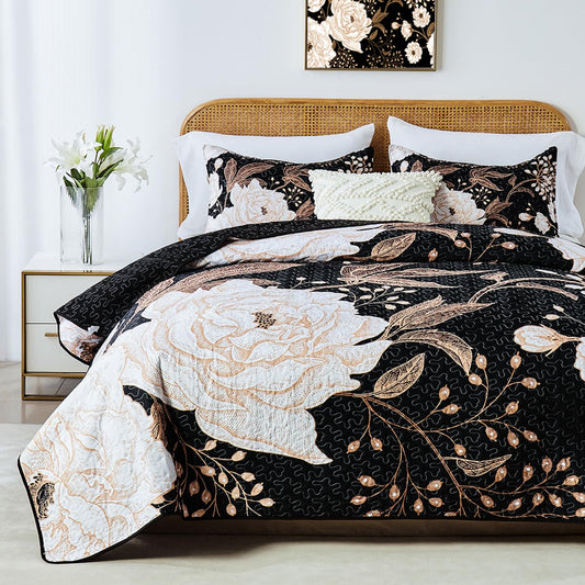 Yogeneg Full Queen Size Quilt Set,White Gold Floral Botanical Pattern Black Bedding Set,3 Piece Lightweight Soft Summer Bedspread Coverlet with 2 PIillow Sham for All Season(Black Floral,90"x96")