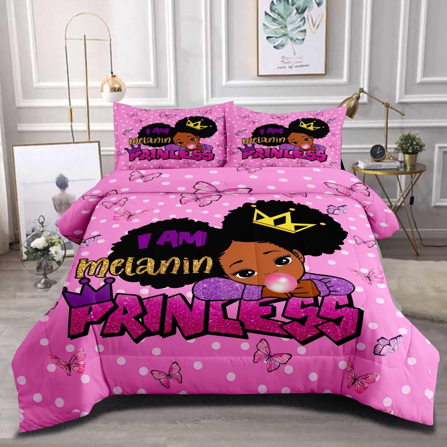 GRAT TIOC Little Black Girl Comforter Sets Twin Size,Black Girl Magic Bedding Set,Cute Little Princess Comforter Set for Kids Melanin Bedroom Bed Sets