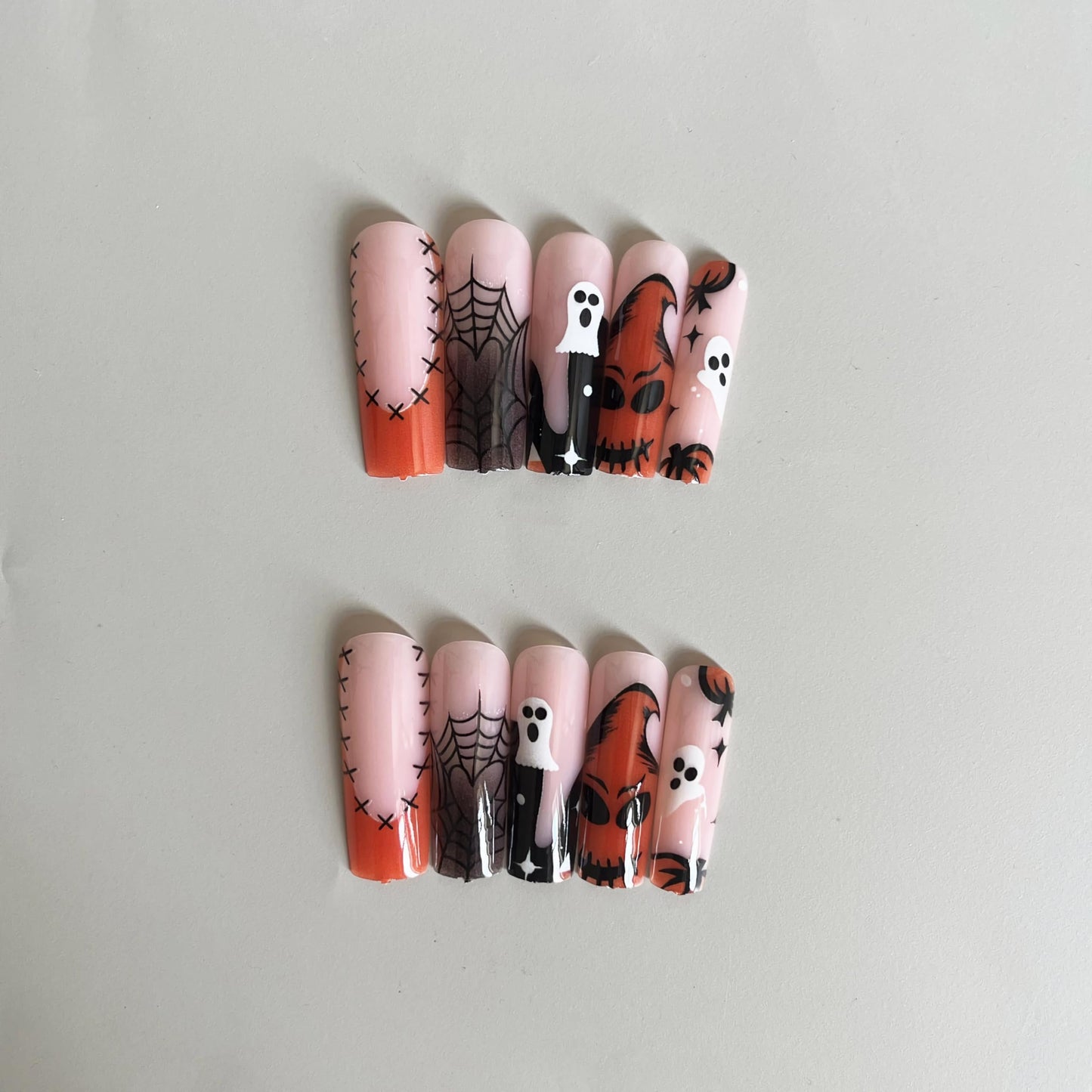 BABALAL Press on Nails Long Square Fake Nails Black Orange French Tip Glues ons Ghost Spider Web Halloween Goth Design 24Pcs Manicure Stick on Full Cover False Nails
