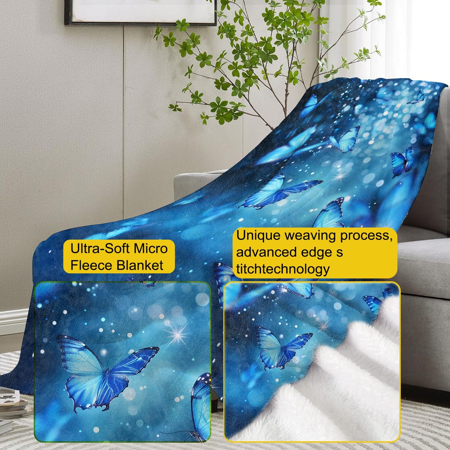 VANZEV Blue Butterfly Dreams Blanket Gifts for Women, Butterfly Flannel Blanket, Soft Warm Lightweight Throw Blankets for Bed Couch Home Travel Butterfly Decor 50" x 60"