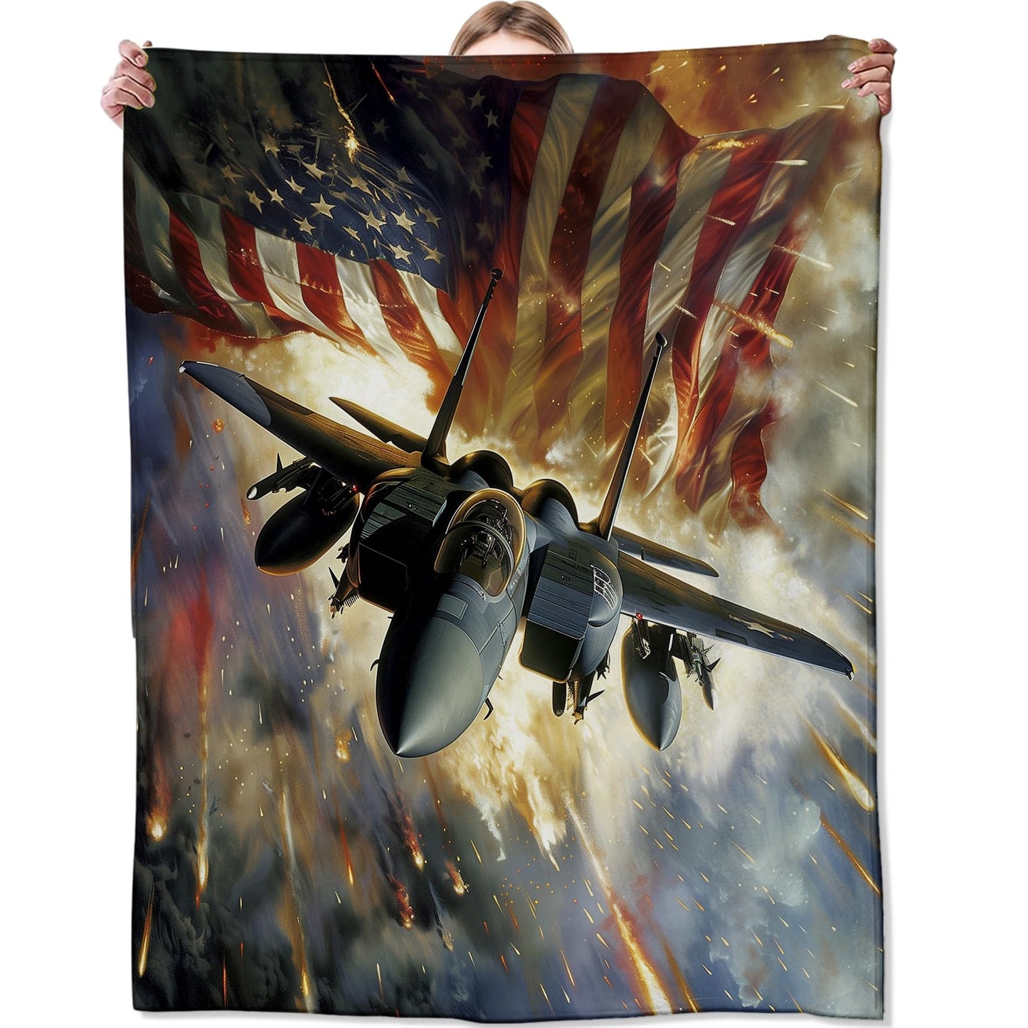 Zeleda Air Force Patriotic Blanket,Gifts for Adults,Lightweight Flannel Throw Blankets,Retro Air Fighter with American Flag Background Throws Home Decor,for Couch Living Room Office,60x50inch