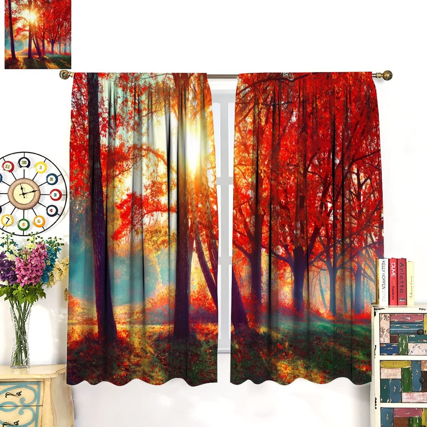 Tree Curtains - Autumn Foggy Park Autumn Nature Scenery Forest Maple Tree Sunshine, Living Room Bedroom Kitchen Decorative Curtains 2 Sets Panel, 42x45 Inch. Orange Yellow