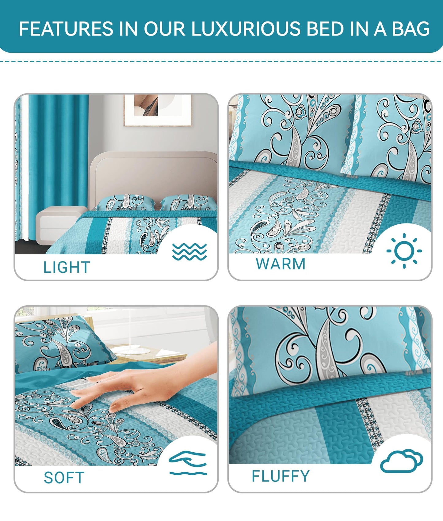 CozyCreatures Vintage Boho Mint Blue King Light Comforter Set, 9-Piece Bed in a Bag with Curtains, Brushed Microfiber Bedspread Set with Matching Curtains for Master Bedroom, Machine Washable