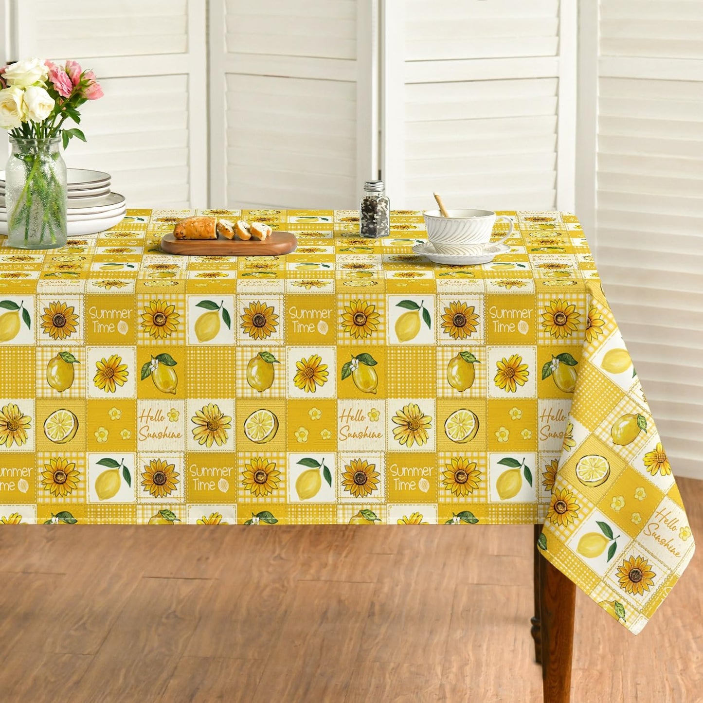 Horaldaily Summer Tablecloth 60×84 Inch Rectangular, Patchwork Bufflo Grid Yellow Lemon SunflowerWashable Table Cover for Party Picnic Dinner Decor