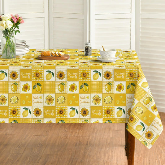Horaldaily Summer Tablecloth 60×84 Inch Rectangular, Patchwork Bufflo Grid Yellow Lemon SunflowerWashable Table Cover for Party Picnic Dinner Decor