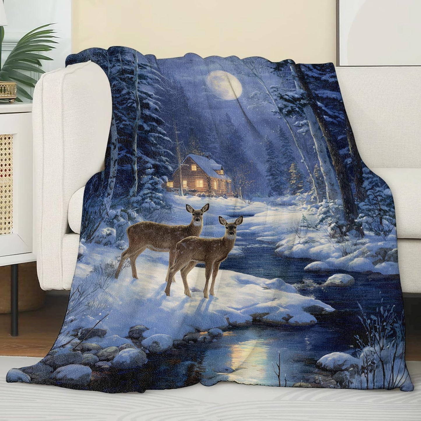 Zeleda Winter Deer and Cabin Blanket,Gifts for Rustic Nature Lovers,Lightweight Flannel Throw Blankets,Forest Snowy Moonlight Throws Home Decor,for Couch Living Room Office,60x50inch
