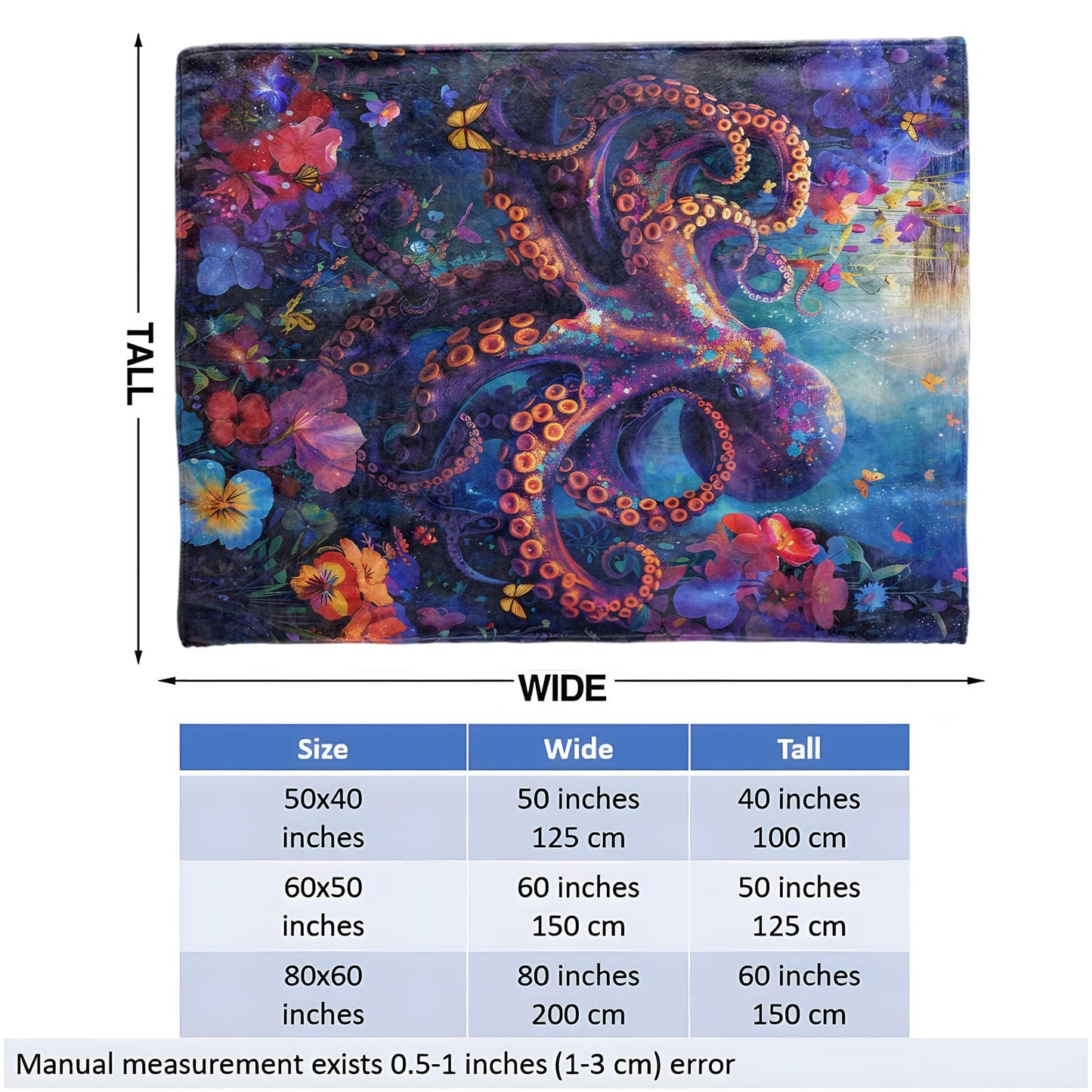 Octopus in Coral Reef Throw Blanket for Girls Boys Kids Adults, 50x60 in, Cozy Flannel Blanket for Bedroom, Camping, Couch, Room Decor, Fuzzy Warm Soft Gifts