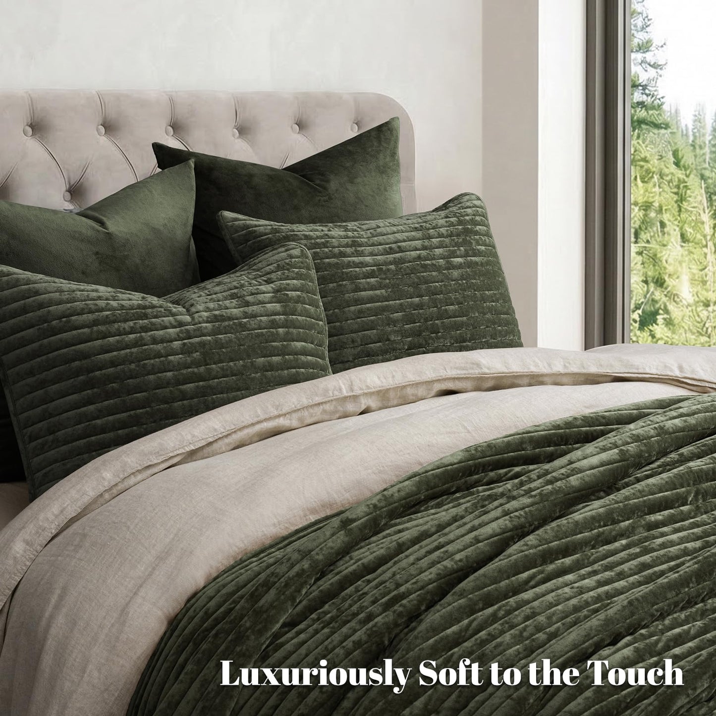 PHF Luxury Velvet Quilt Set Queen Size – 3PCS Ultra Soft Quilted Comforter Alternative with Striped Channel, Cozy Quilted Bedspread, 1 Coverlet with 2 Matching Shams, 90" x 92", Smokey Olive