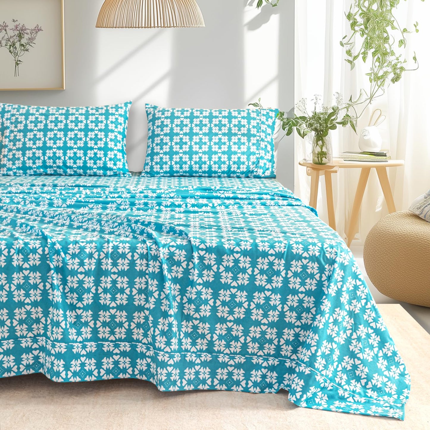 Ramesses Flannel Bedding Sheet Set Queen-Polyester Printed Microfiber Plush Flannel Bedding-Stain Resistant-Soft and Durable-4-Piece Bedding(Blue,Queen)