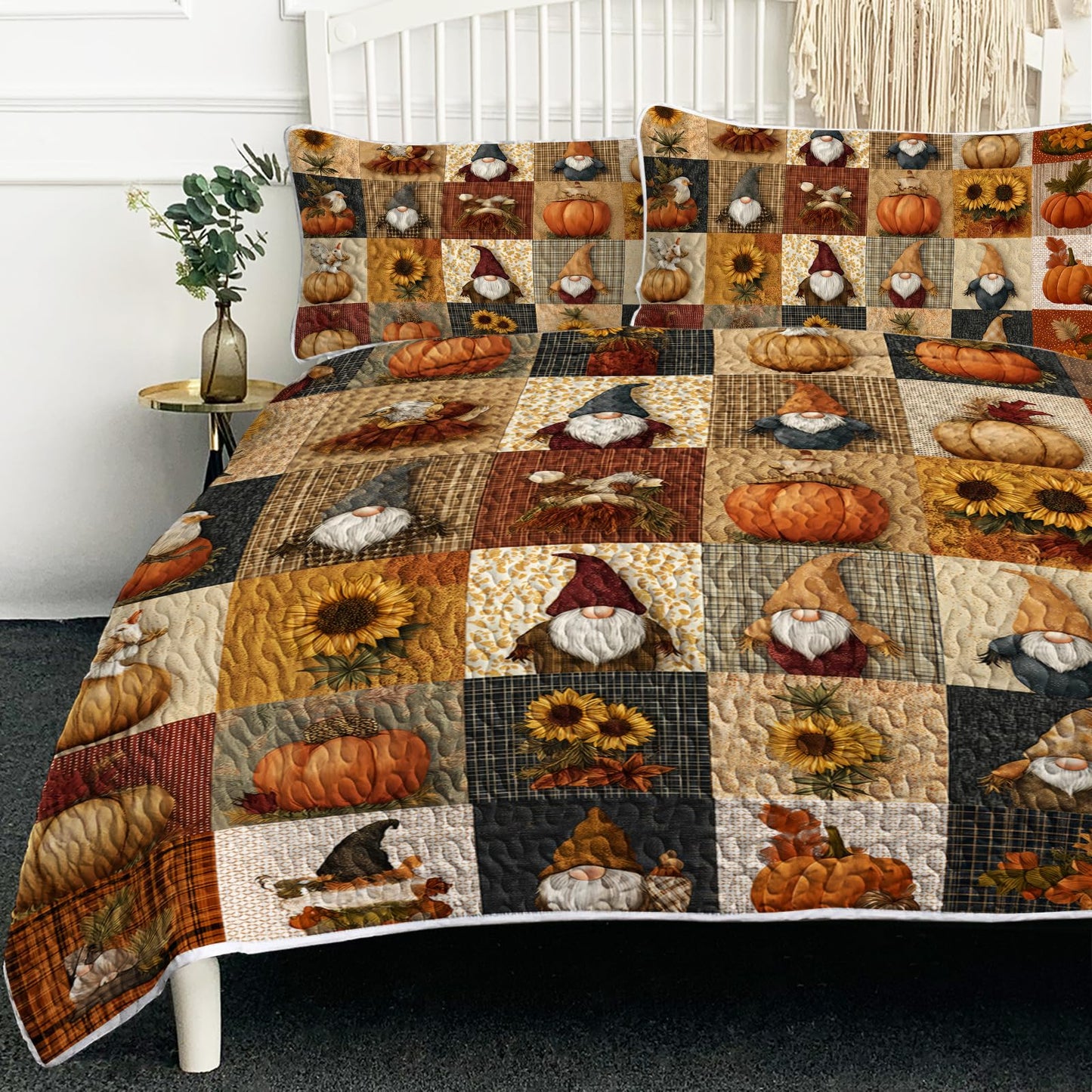 BlessLiving Fall Quilt Set King Size: Soft Microfiber Lightweight Elf Square Pattern Bedspread Coverlet for All Season, 3 Piece Autumn Comforter Set for Thanksgiving Bedroom Living Room