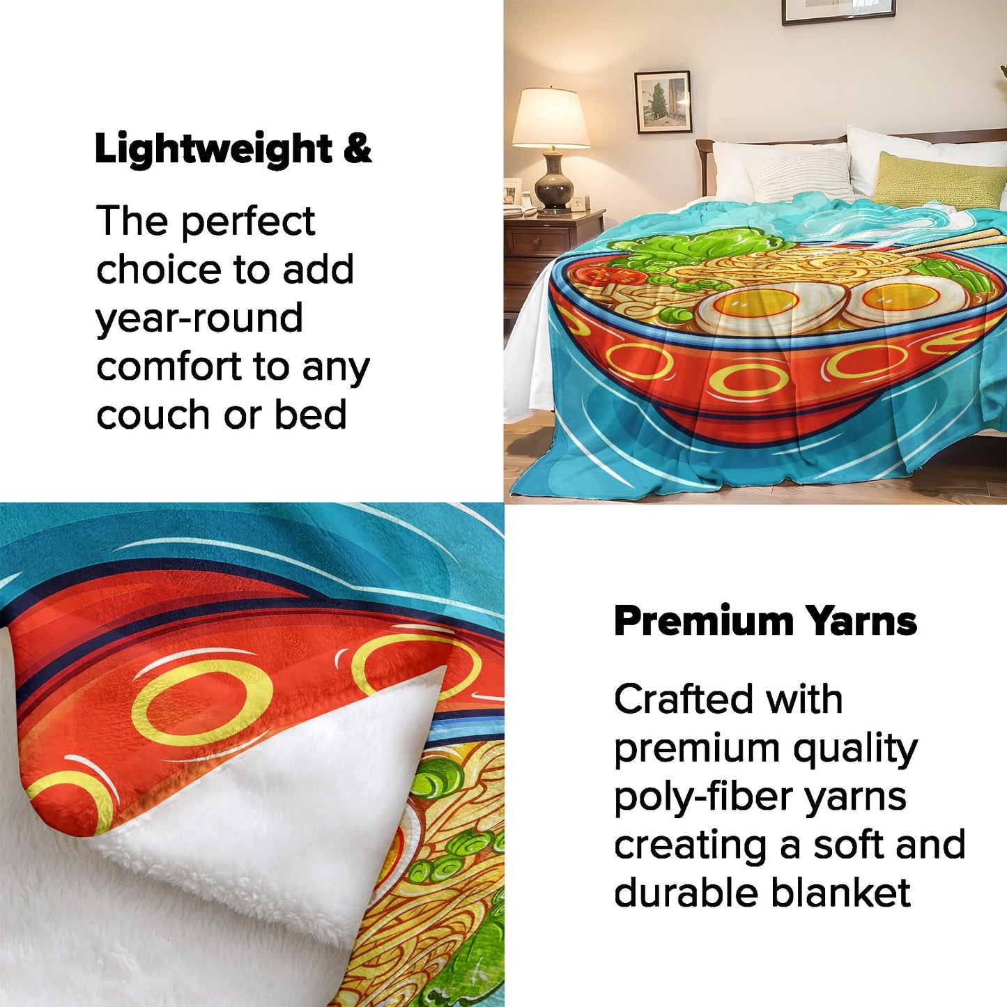 Turamurra Ramen Bowl Blanket 50"x60", Ramen Noodle Plush Blankets, Ideal for Home Decor, Couch, Bed, Travel, for Adults and Kids