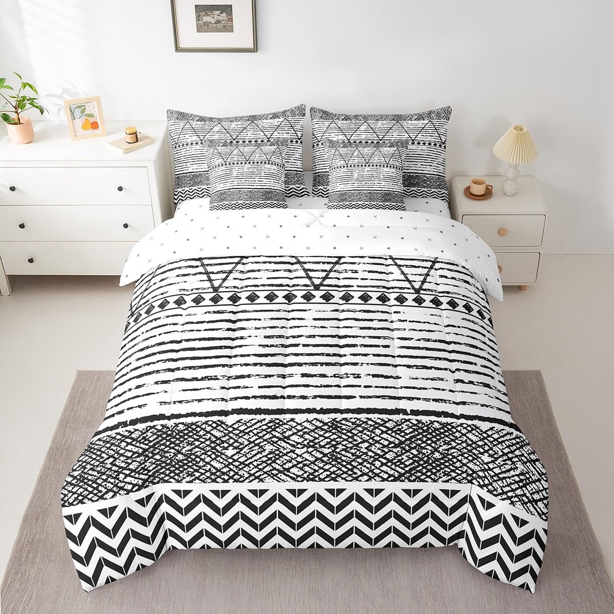 Bohemian Full Size Bed Sheets and Comforter Set,Grey Boho Aztec 7 Piece Bedding Set Geometric Tribal Striped Bed in a Bag,Nordic Ethnic Lines Western Bed Sets