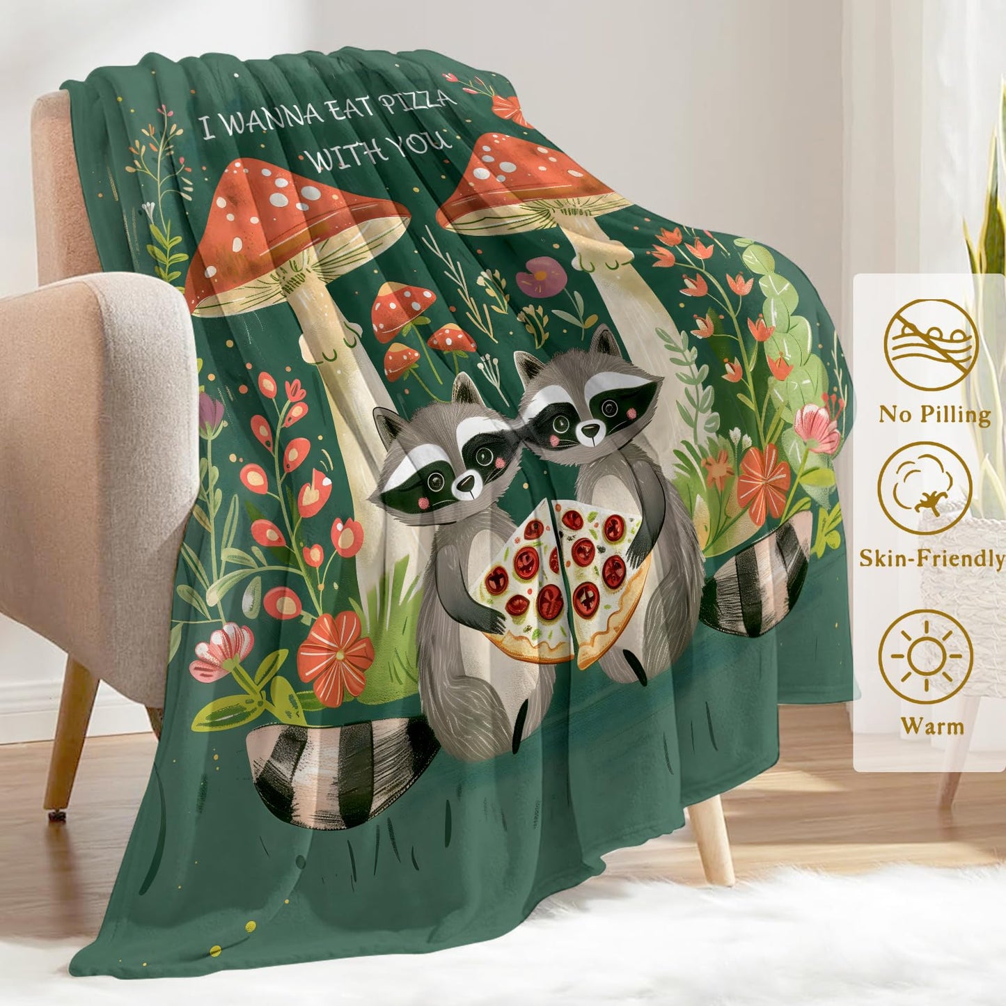 ainori Raccoon Flannel Blanket - Lightweight Soft Cozy Gifts Blankets for Kids,Adult,Women,Pizza with Mushroom Forest Art Style Throw,Elegant Home Room Modern Whimsical Decor 50x60in