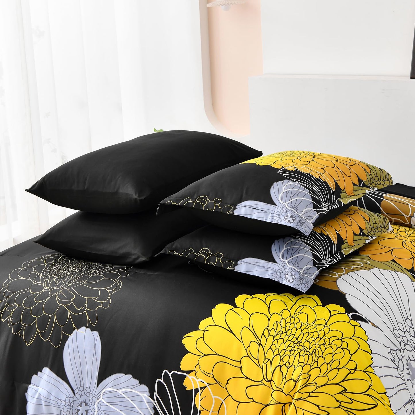 Yiran Bed in a Bag Queen Yellow Black Comforter Set 7 Pieces Soft Microfiber Floral Boho Bedding Set with 1 Comforter 1 Flat Sheet 1 Fitted Sheet 2 Pillowshams 2 Pillowcases