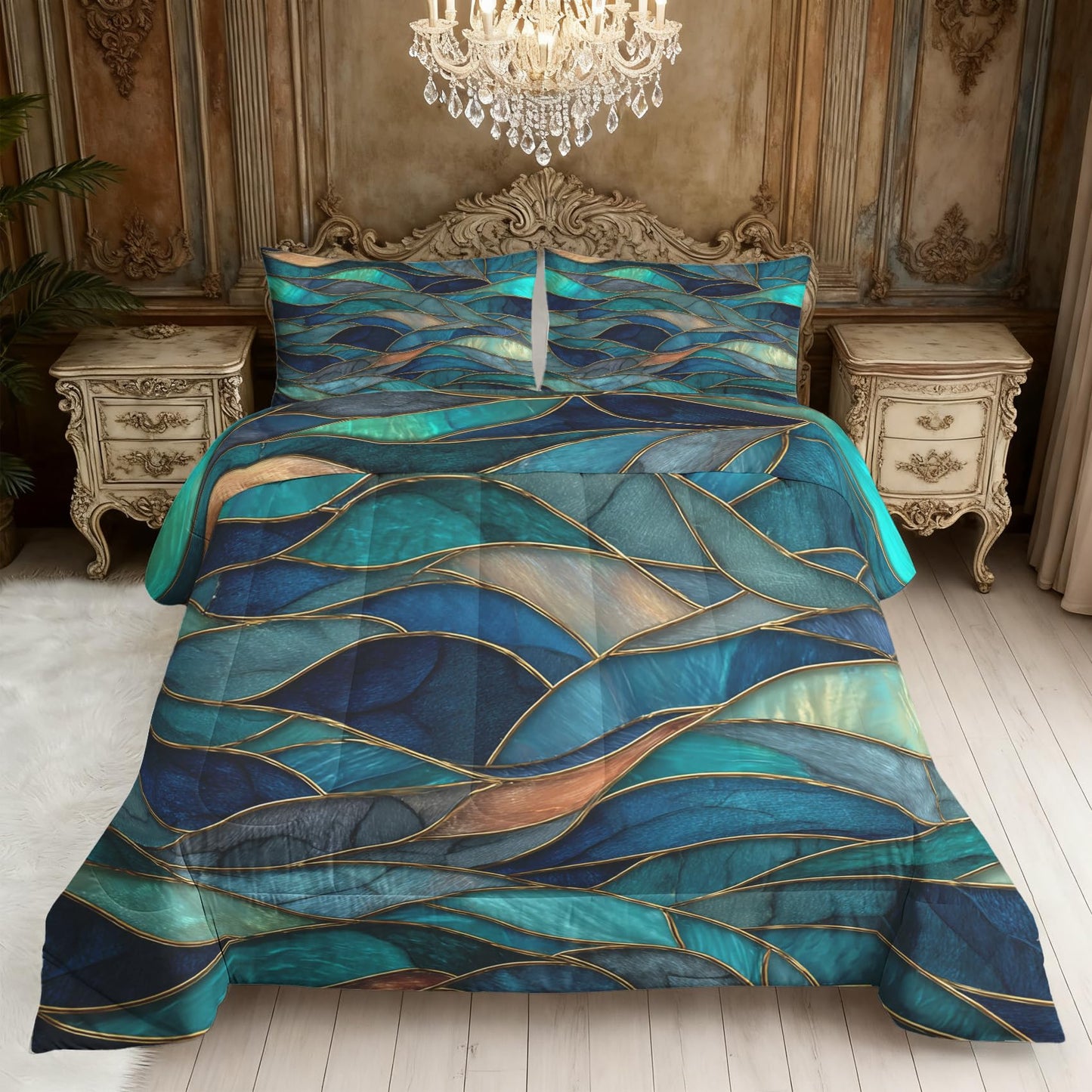 Flumoxa Stained Glass Comforter Set Full, Teal Abstract Marble Comforter Down Alternative All Season Bedding, Stained Glass Bed Sets Full Size with Pillowcase, Bedroom Decor