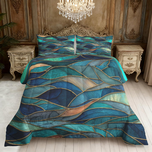 Flumoxa Stained Glass Comforter Set Full, Teal Abstract Marble Comforter Down Alternative All Season Bedding, Stained Glass Bed Sets Full Size with Pillowcase, Bedroom Decor